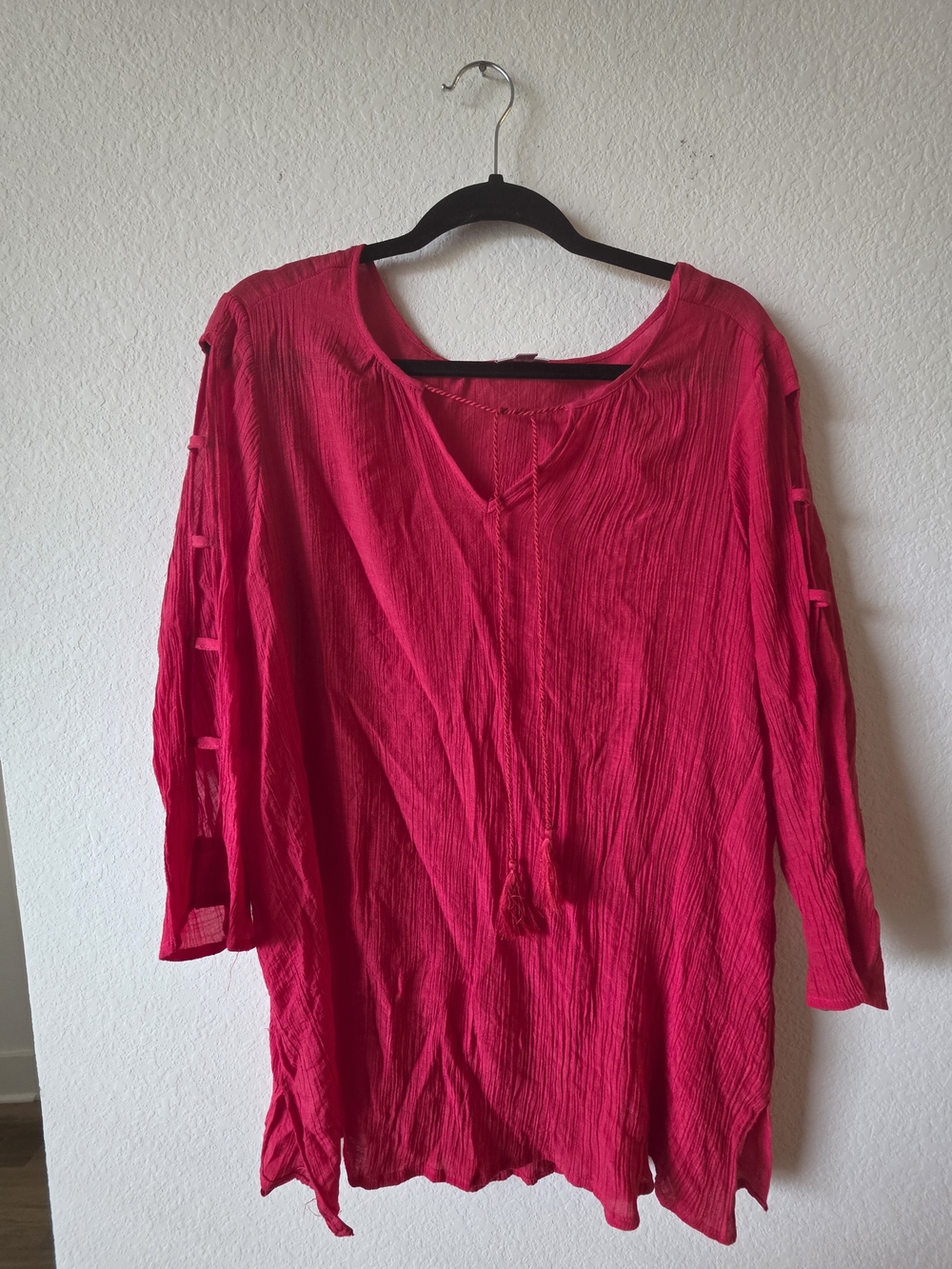 Avenue Bright Red Tunic with Tassel Detail Cutout Sleeves